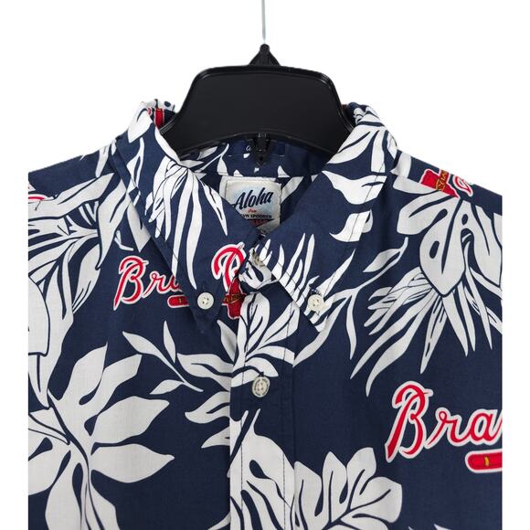 Reyn Spooner Men's Aloha Atlanta Braves Hawaiian Shirt Sz Large Navy White - Picture 5 of 7